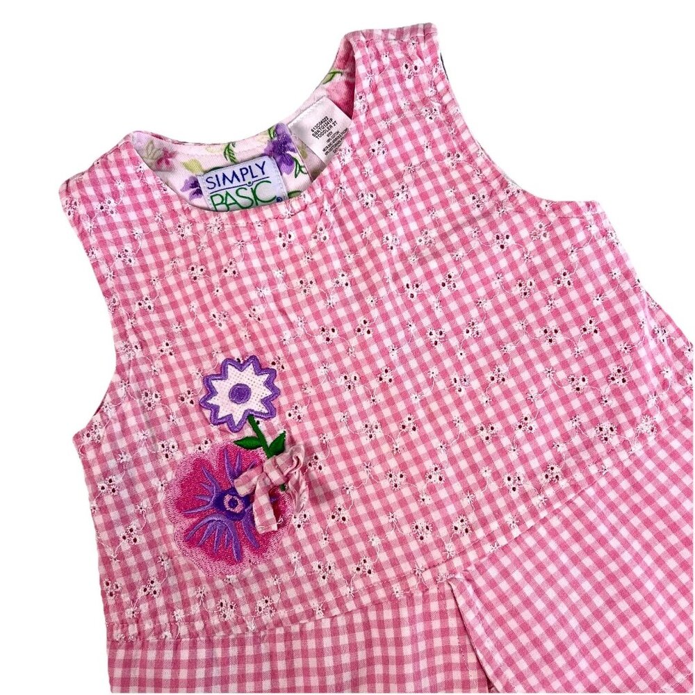 VTG Simply Basic Girl Toddler Pink Gingham Romper Floral Embroidered Size 2T